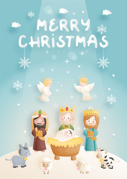 A christmas nativity scene cartoon, with baby jesus in the manger with 3 wise men, donkey and other animals. christian religious