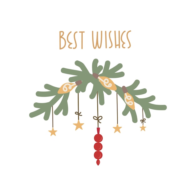 Christmas nature design greeting vector illustration Fir branch with decoration toys bulb garland