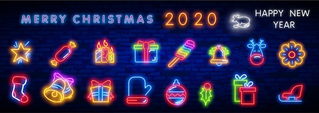 Set di icone al neon di natale. buon natale e felice anno nuovo.