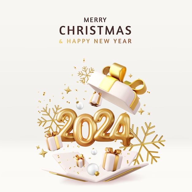 Vector christmas and new year 2024 greeting card with open gift box with numbers balls gift boxes confetti ribbons and snowflakes 3d rendering vector illustration