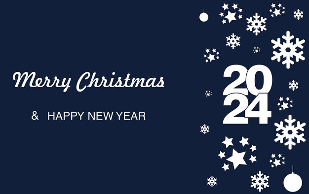 A christmas and new year 2024 greeting card with text and ornaments on a blue background