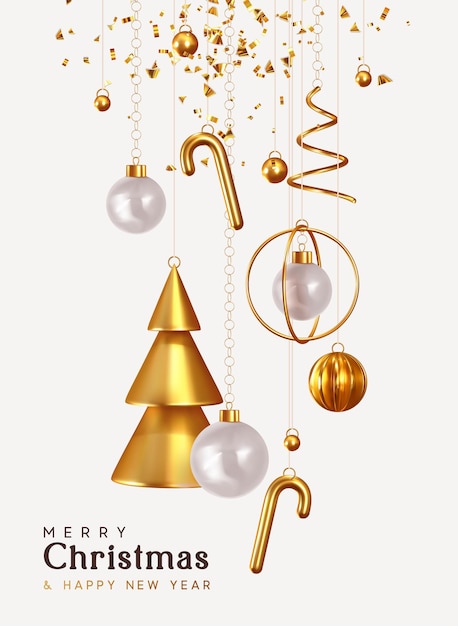 Christmas and New Year background. Conical Abstract Gold Christmas Trees. Xmas Balls hanging on ribbon. Bright Winter holiday composition. Greeting card, banner, poster. vector illustration