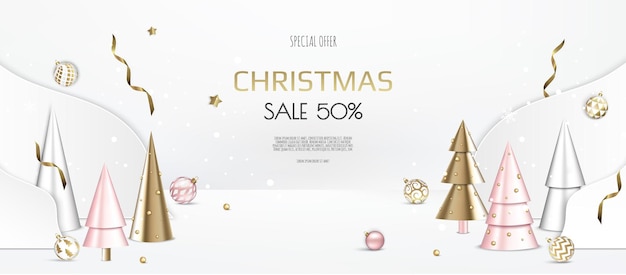 Christmas and New Year background. Conical Gold Christmas Trees. Winter holiday composition. Greeting card, banner, poster, header for website.