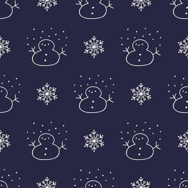크리스마스 또는 새 해 배경 낙서 눈사람과 눈송이 벡터 원활한 패턴