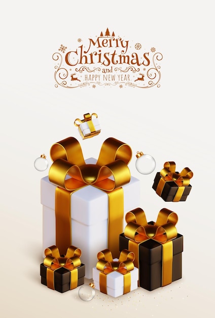 Christmas and New Year Background Gold gift boxes and glass balls