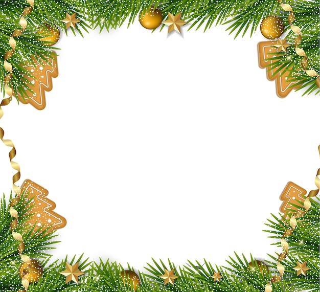 Christmas and new year background with christmas tree branches and decorations. Holiday frame