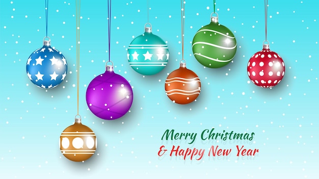 Christmas and New Year background with realistic Christmas decorations on a light blue background. Vector illustration.
