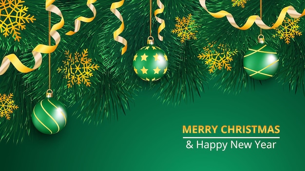 Christmas and New Year background with realistic Christmas tree and Christmas tree decorations. Vector illustration