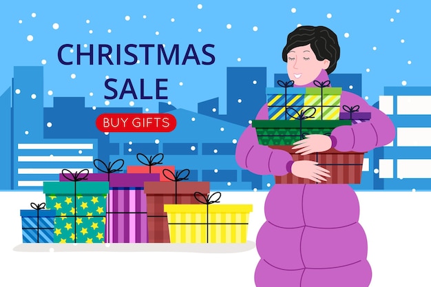 Vector christmas and new year banner for landing page or online store website. a girl goes shopping with a christmas sale and rejoices at the gifts she bought. cute vector flat image.