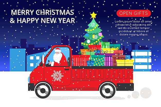 Christmas and new year banner for landing page or online store website. santa claus is carrying gifts and a christmas tree, in the background there is a winter city, it is snowing. cute flat vector.