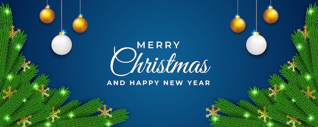 Christmas and new year banner vector template design with flower and blue background