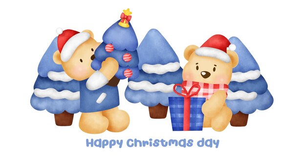 Christmas and new year banner with a cute bear character in watercolor style.