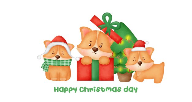 Christmas and new year banner with a cute corgi dogs and christmas tree in watercolor style.