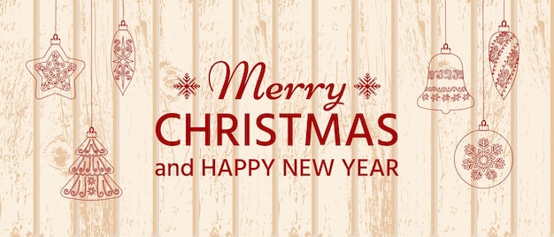 木製の背景にクリスマスツリーの装飾の輪郭を描いたクリスマスと新年のバナー ベクトルイラスト