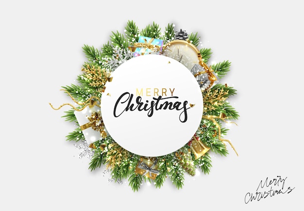 Christmas and New Year banner with realistic 3d decoration objects. Xmas round white paper frame for text. vector illustration