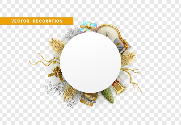 Christmas and New Year banner with realistic 3d decoration objects. Xmas round white paper frame for text. vector illustration
