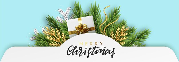 Christmas and New Year banner with realistic decoration objects. Xmas white paper frame for text. Header border for website. vector illustration