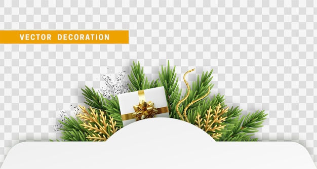 Christmas and New Year banner with realistic decoration objects. Xmas white paper frame for text. Header border for website. vector illustration