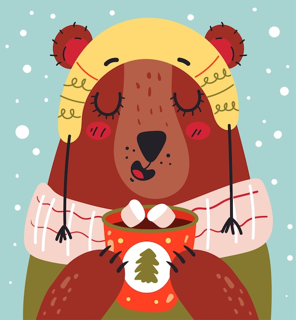 Christmas and New Year bear character drinking hot cacao at winter card vector flat graphic design