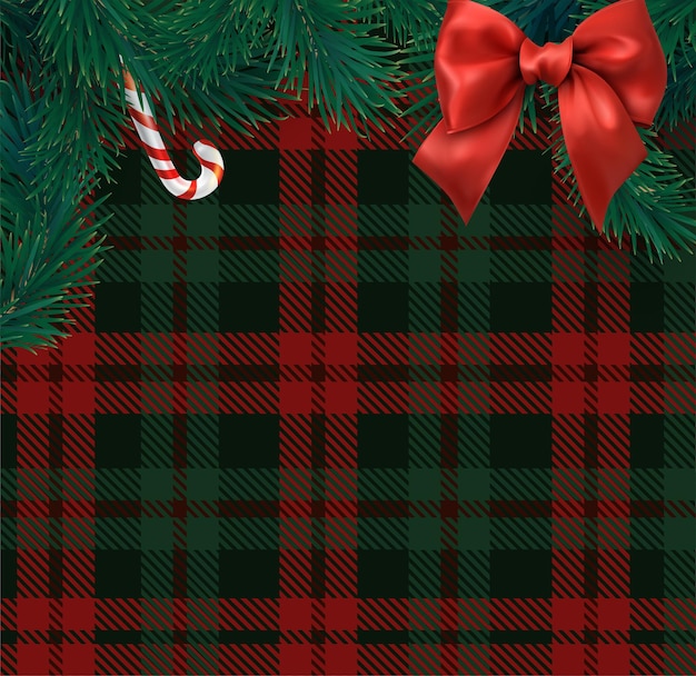 Vector christmas and new year card template with scottish red and green checkered fir branches and satin bow