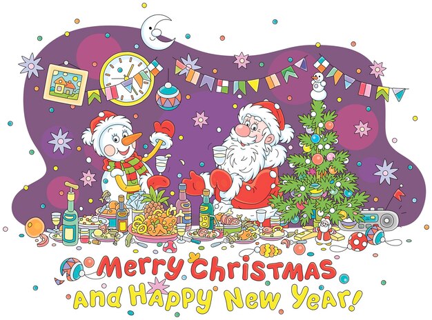 Christmas and New Year card with funny Santa Claus and Snowman at the festive table at a fun party