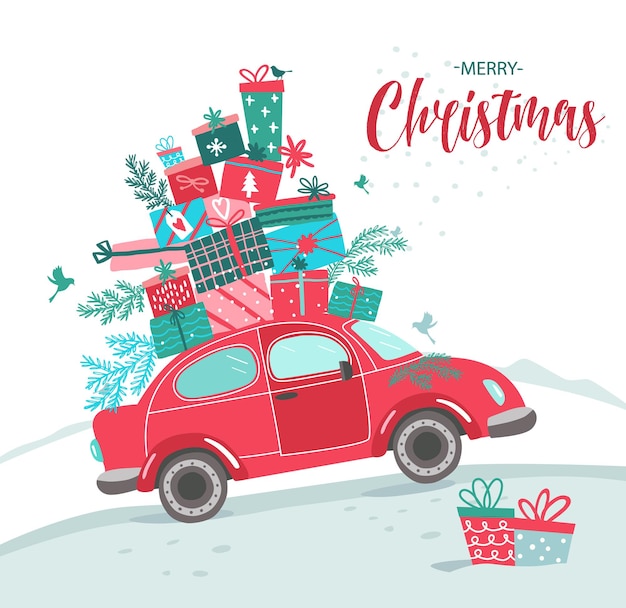 Christmas and new year card with red car and christmas gifts christmas picture red pickup new year i...