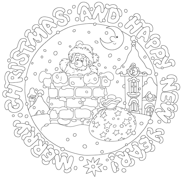 Christmas and New Year card with Santa Claus peeking out of a chimney on a snowy roof