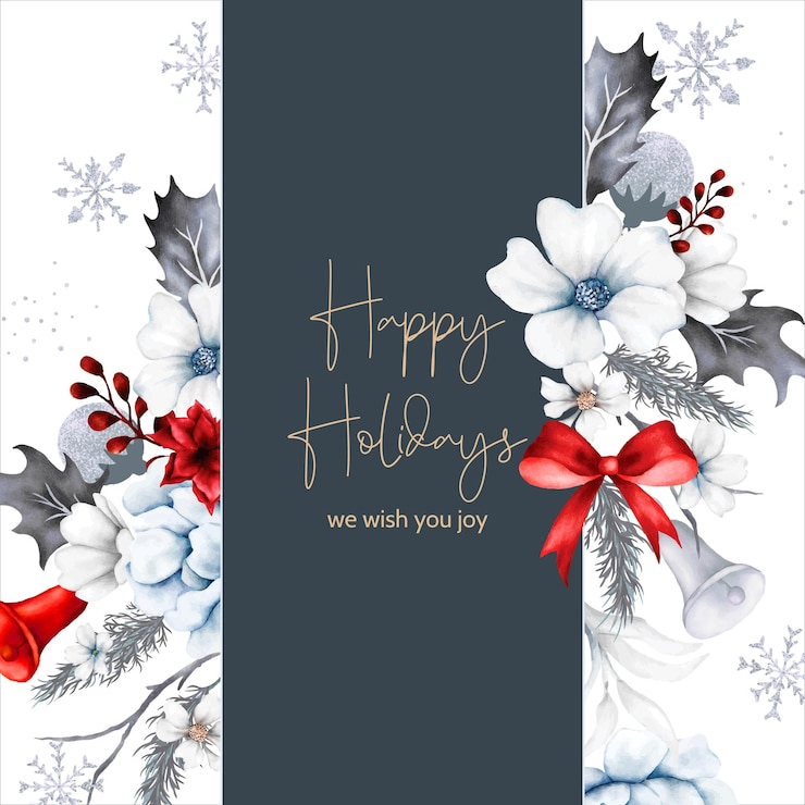 Vector 水彩の白い花と赤いクリスマス飾りのクリスマスと新年のカード