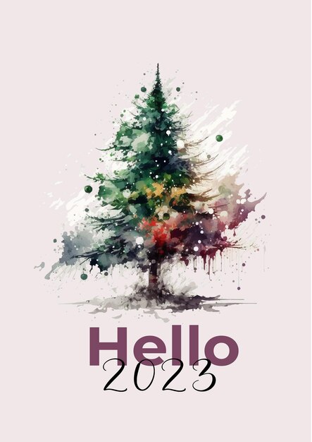 Christmas and New Year card with Xmas tree hello 2023 hello