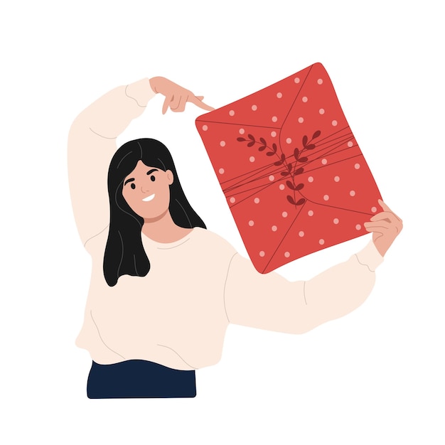 Vector christmas new year celebration overjoyed young woman holding a gift