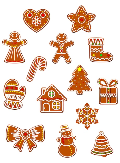 Christmas and New Year collection of cute gingerbread men, bow, gift box and sock, star and candy decorated colored sugar glaze for holiday decoration