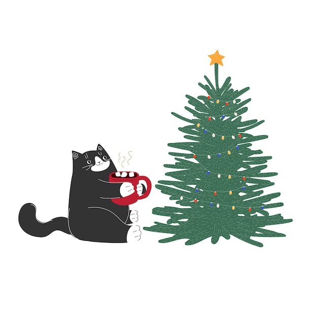 Vector christmas new year cute cartoon cat with cup and tree hand drawn animal winter december holiday