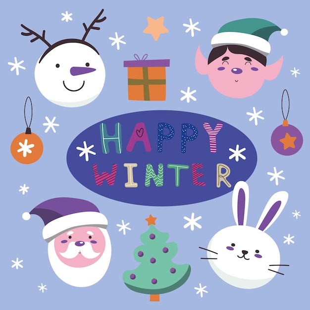 Christmas new year cute elemets set patches of santa claus rabbit elf and snowman headcandy gift ball christmas tree on blue background vector illustration eps