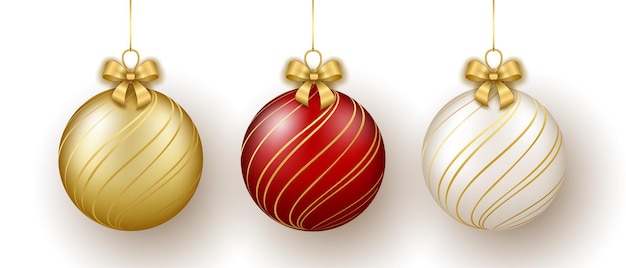 Christmas and new year decor set of gold white and red glass stripe ornament balls on ribbon