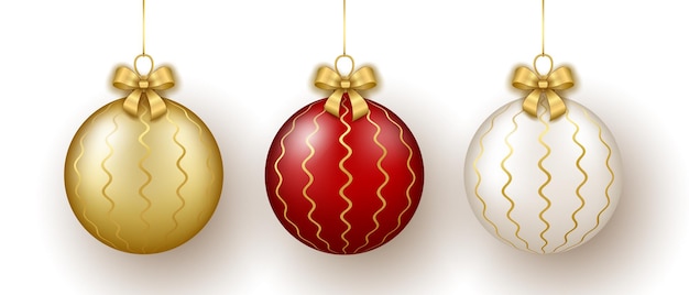 Vector christmas and new year decor set of gold white and red glass wavy ornament balls on ribbon