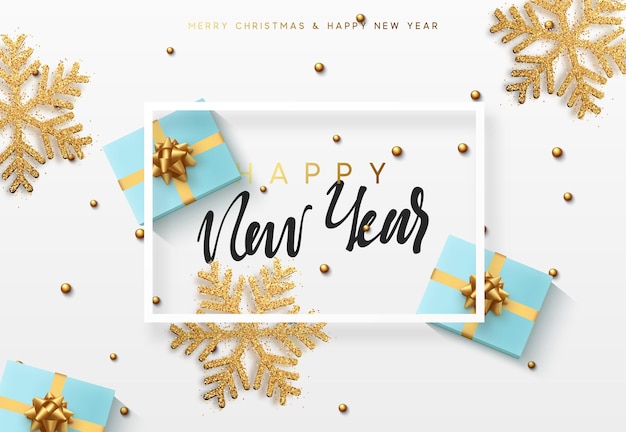 Christmas and New Year Design decoration shining gold snowflakes and gift box surprise. vector illustration