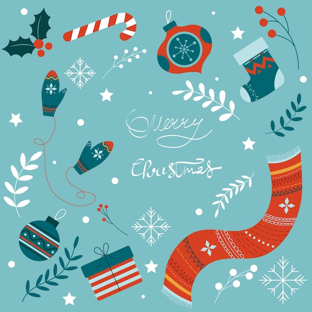 Christmas and New Year elements set Vector illustration in flat style
