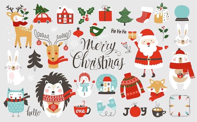 Vector christmas and new year et with cute animals. 