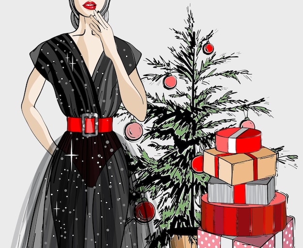 Christmas and new year fashion vector card Holidays illustration with gift boxes and Christmas tree