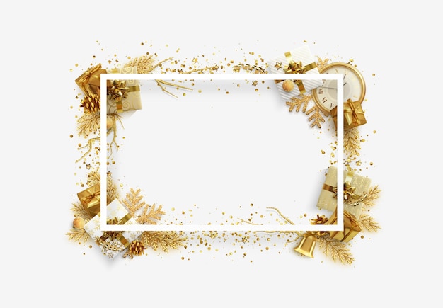 Vector christmas and new year festive frame border. realistic decorative 3d design elements isolated. decoration christmas objects. vector illustration