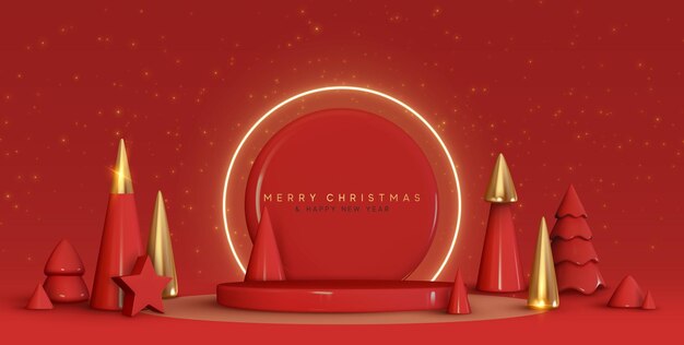 Studio del podio rotondo rosso festivo di natale e capodanno con alberi a cono 3d realistici, luci al neon. modello di vacanza creativa moderna. composizione invernale natalizia. banner e poster web, copertina e brochure