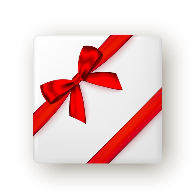 빨간 리본과 활 상단 보기가 있는 크리스마스 새 해 선물 상자