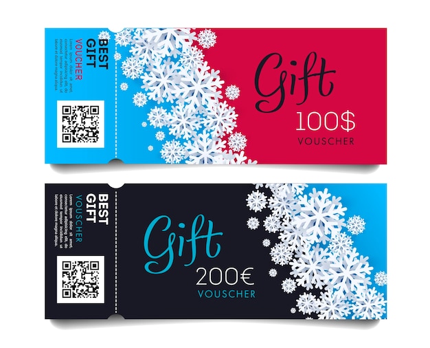 Vector christmas and new year gift voucher coupon template with monetary award snowflakes