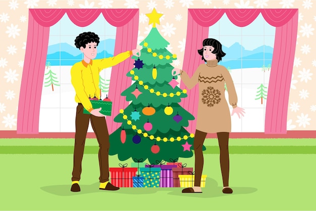 Christmas and new year.  a girl and a guy or a young married couple decorate a christmas tree at home before the holiday. illustration for landing page or online store website. cute vector flat image.