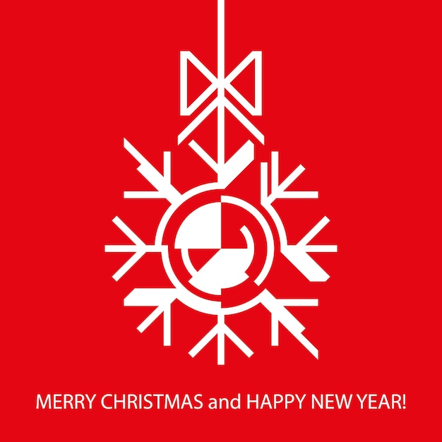 Vector christmas and new year greeting card in minimal geometric design with snowflake on red background