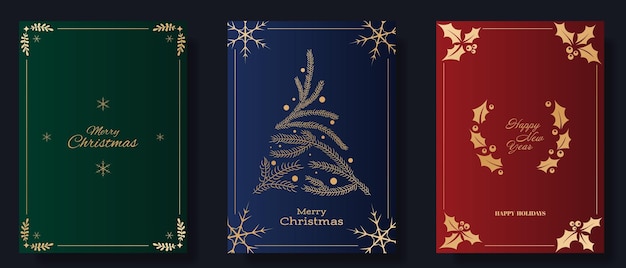 Christmas and New Year greeting card set Blue red and green backgrounds feature gold accents including snowflakes pine branches forming a tree and holly wreaths