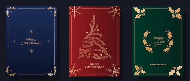 Christmas and New Year greeting card set Blue red and green backgrounds feature gold accents including snowflakes pine branches forming a tree and holly wreaths