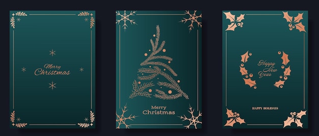 Christmas and New Year greeting card set Green backgrounds with gold accents including snowflakes a pine tree made of branches holly leaves and berries Merry Christmas Happy New Year