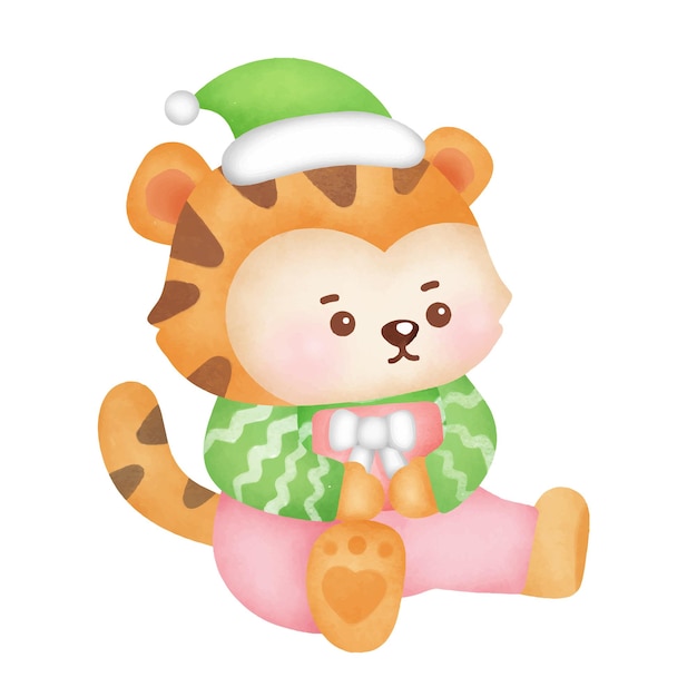 Christmas and New year greeting card with cute tiger in watercolor style .