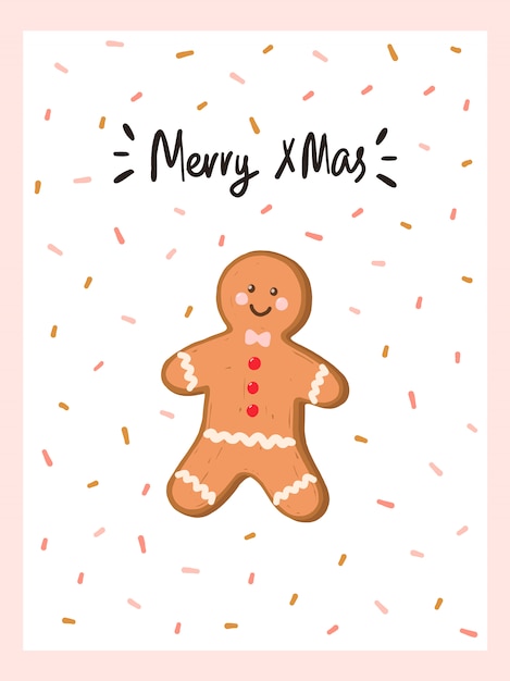 Christmas and new year greeting card with gingerbread man in hygge style. cozy winter season. scandinavian.